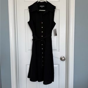 Sharagano Black Midi Dress with Gold Accents